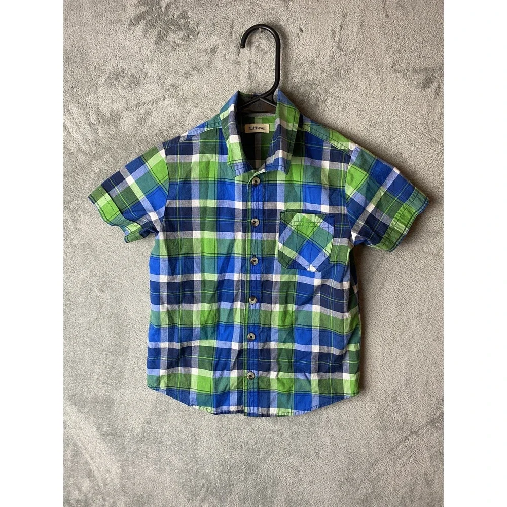 Ruff Hewn Boys 5 Plaid Short Sleeve Shirt Green Blue